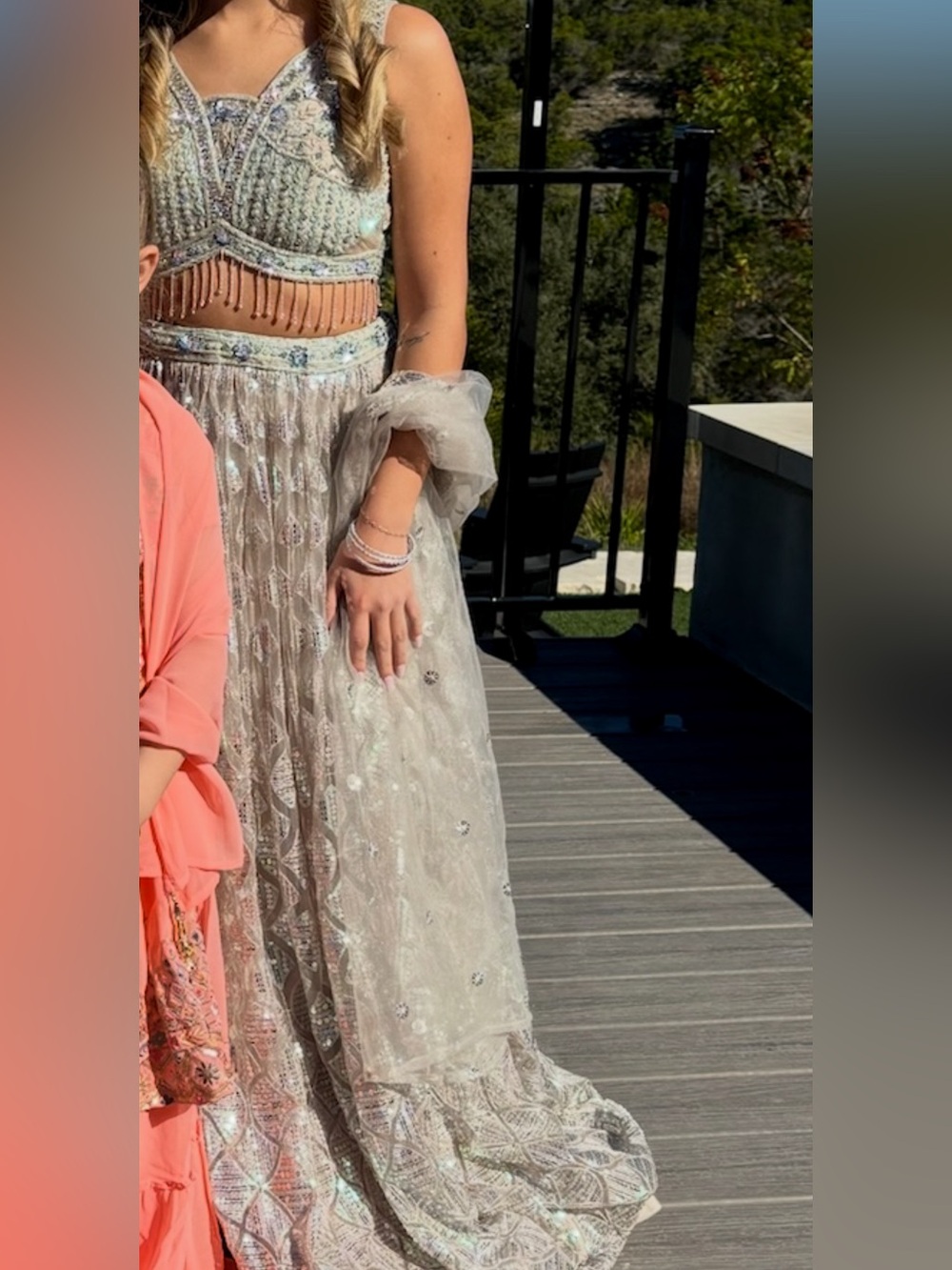 Elegant Silver/Light teal Beaded Lehenga with sash